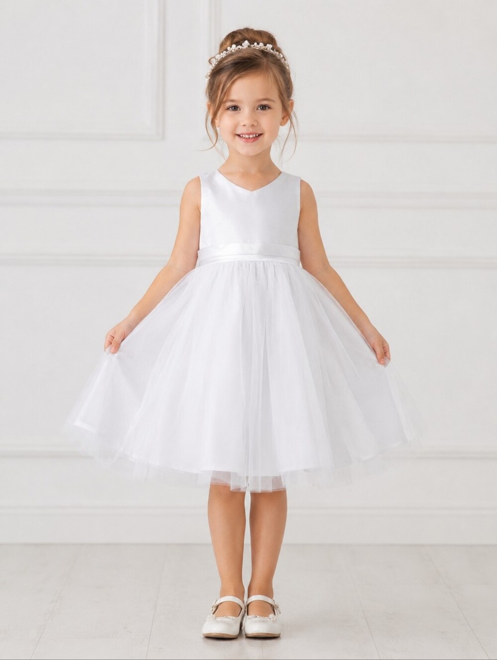AZAZIE Marlee Flower Girl Dress White Satin Tulle Bow Back Wedding Size 3 NWT